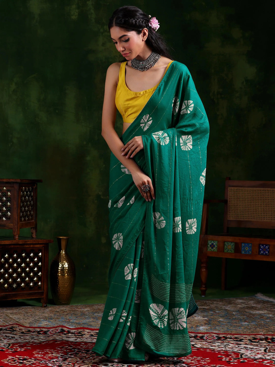 Rama Green Printed Poly Chiffon Saree With Unstitched Blouse Piece - Libas 