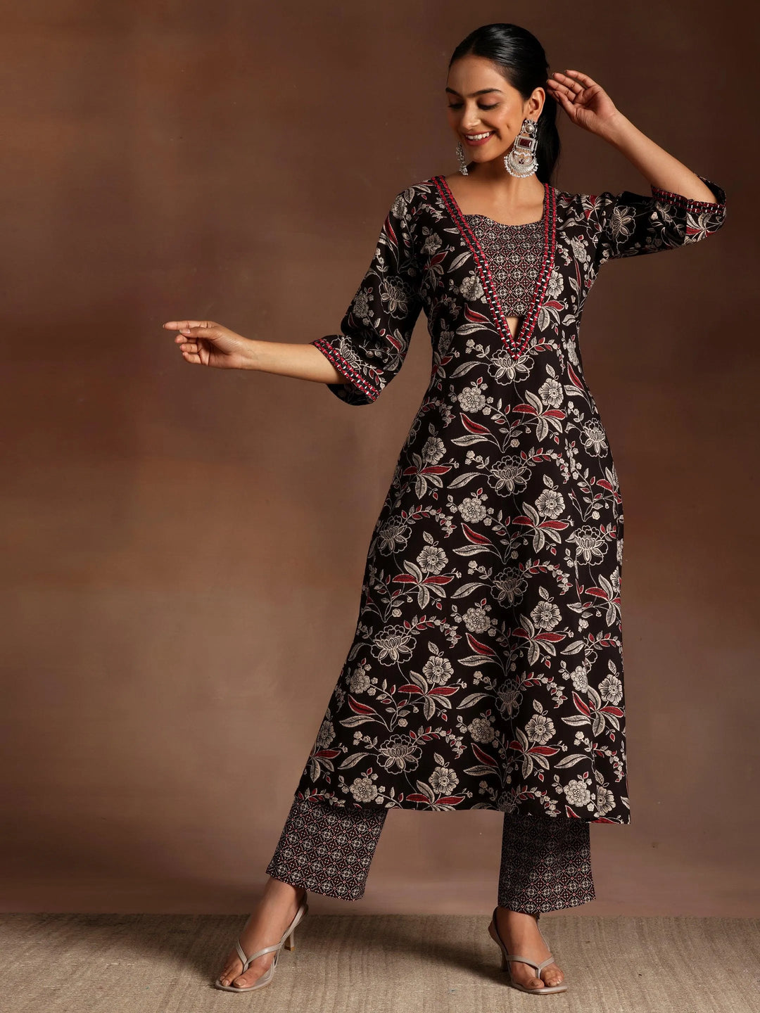 Black Printed Cotton A-Line Kurta With Palazzos - Libas