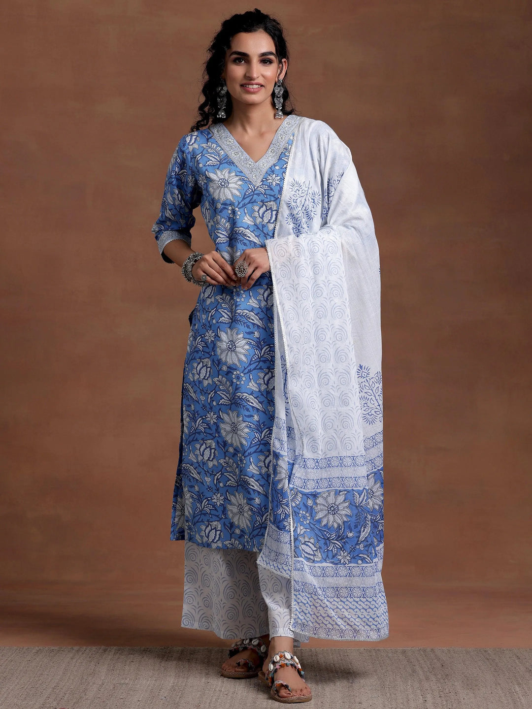 Blue Printed Cotton Straight Suit With Dupatta - Libas 