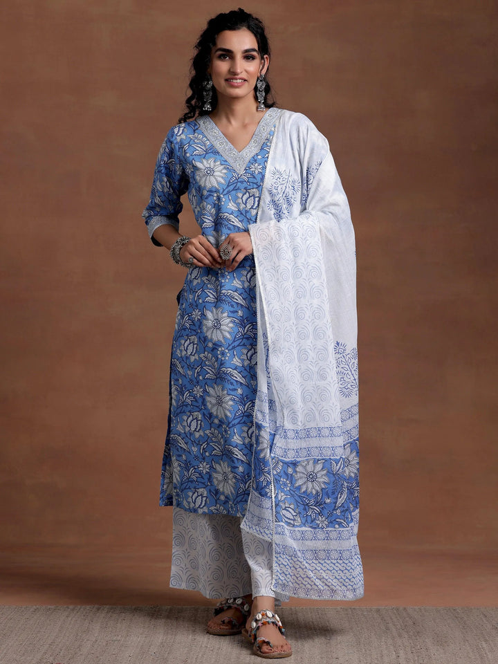 Blue Printed Cotton Straight Suit With Dupatta - Libas