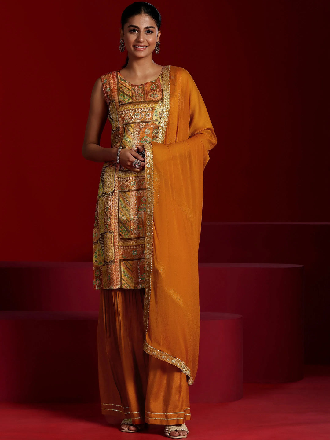  Libas Art Orange Woven Design Silk Blend Straight Suit With Dupatta 
