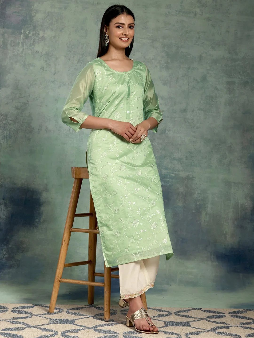 libas Green Embroidered Chanderi Silk Straight Kurta-picture-18