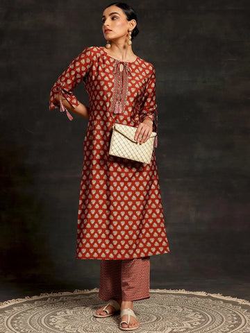 Rust Printed Silk Blend Straight Kurta Set