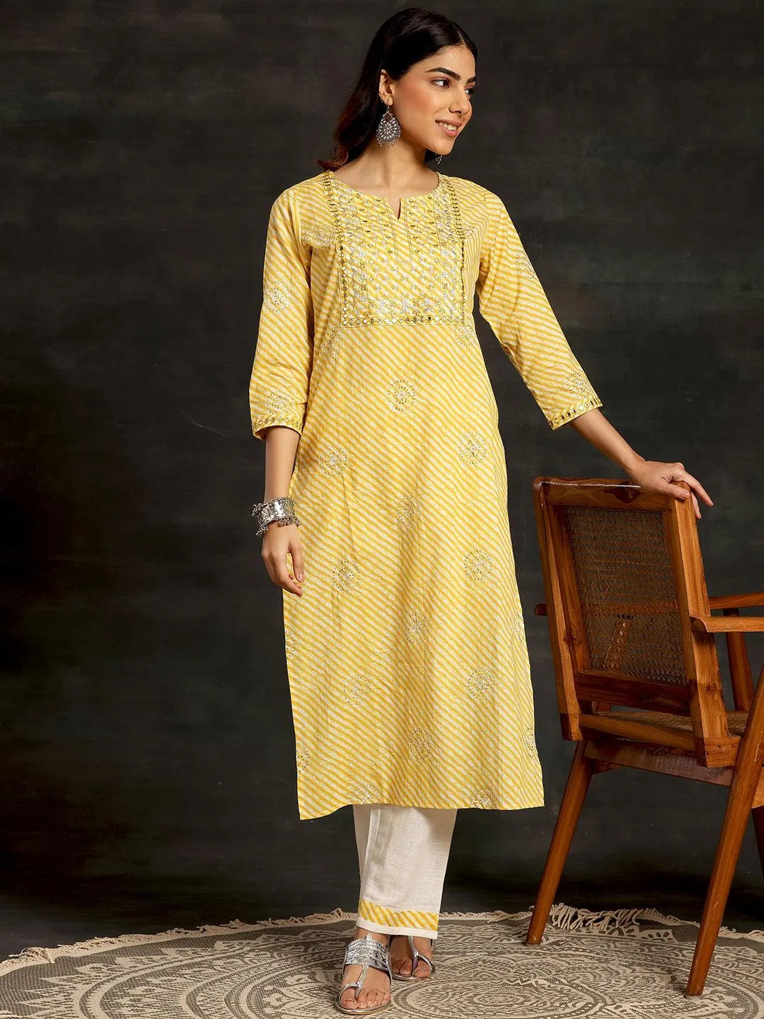 Yellow Printed Cotton Straight Kurta Set - Libas 
