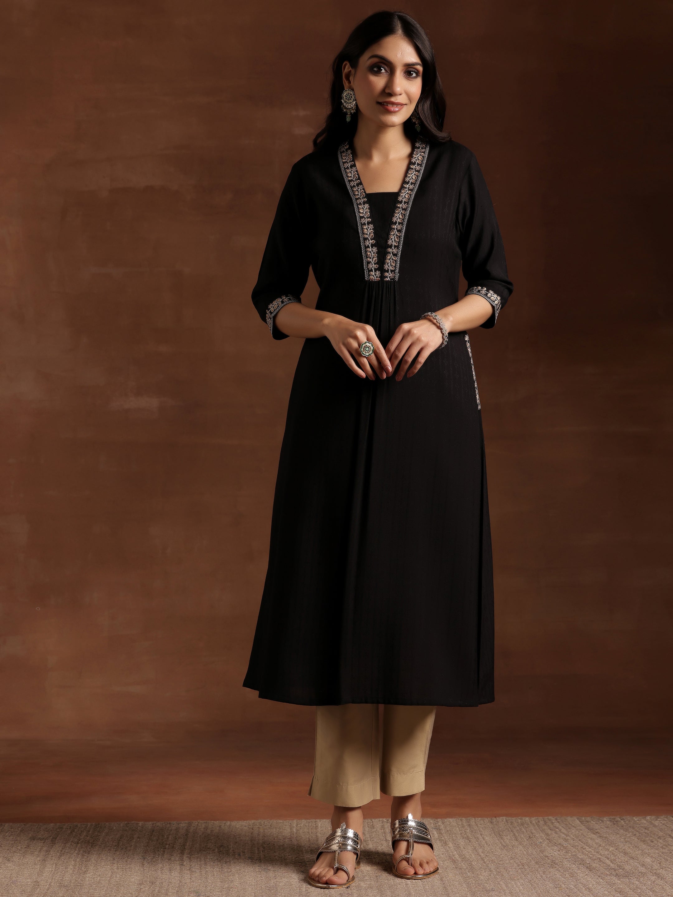 libas Black Yoke Design Silk A-Line Kurta-picture-66