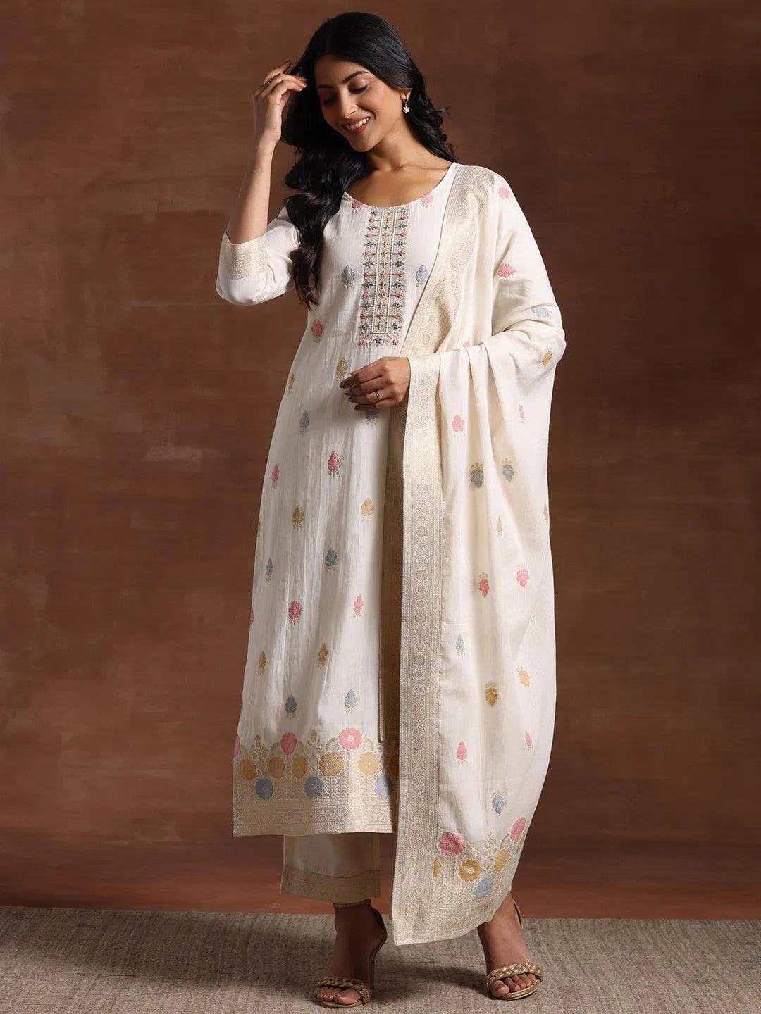 Off White Woven Design Cotton Straight Suit With Dupatta - Libas 