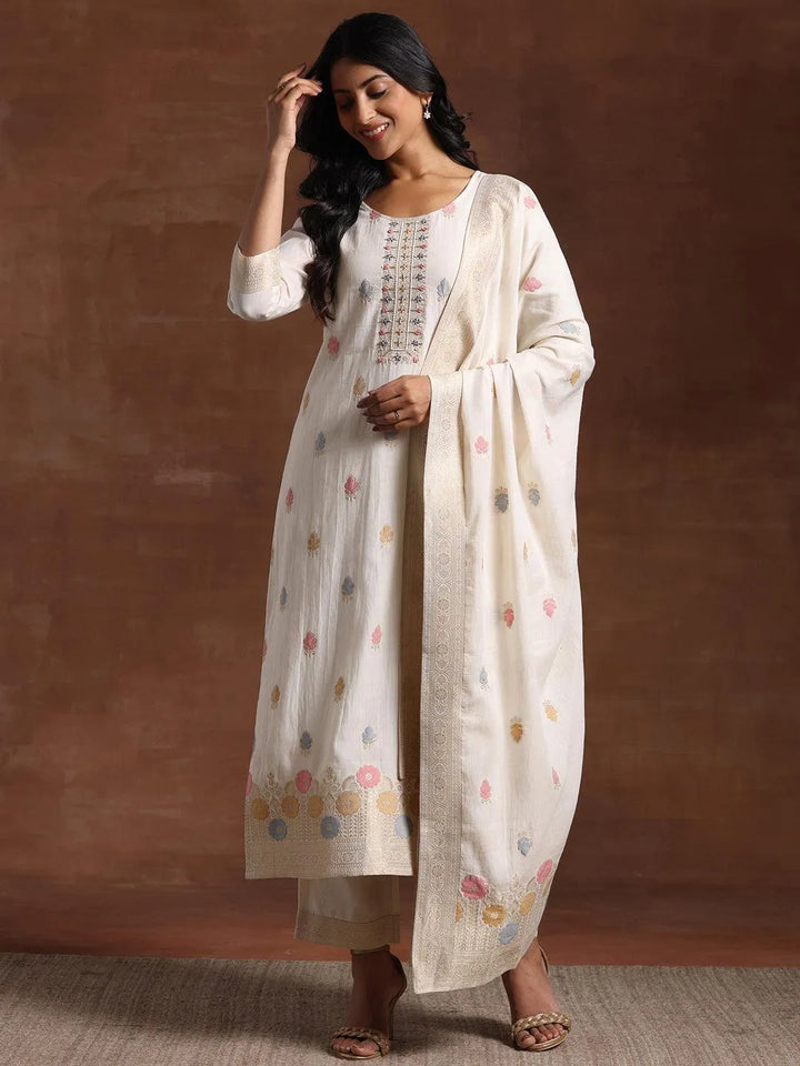 Off White Woven Design Cotton Straight Suit With Dupatta - Libas