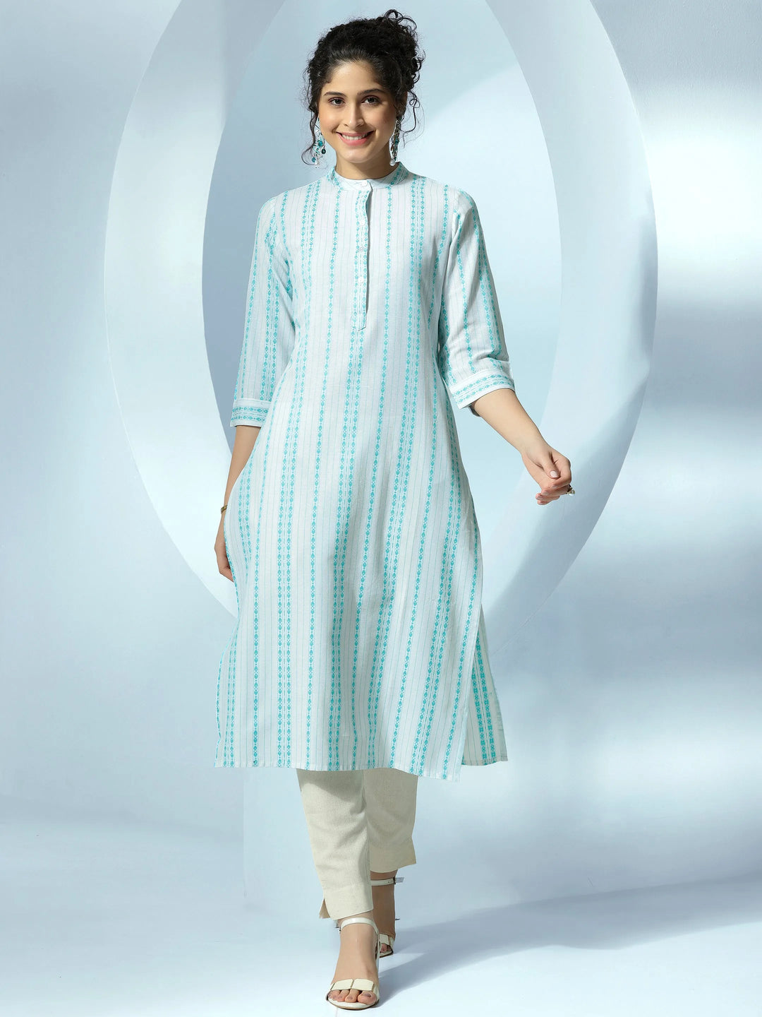  White Woven Design Cotton Straight Kurta 