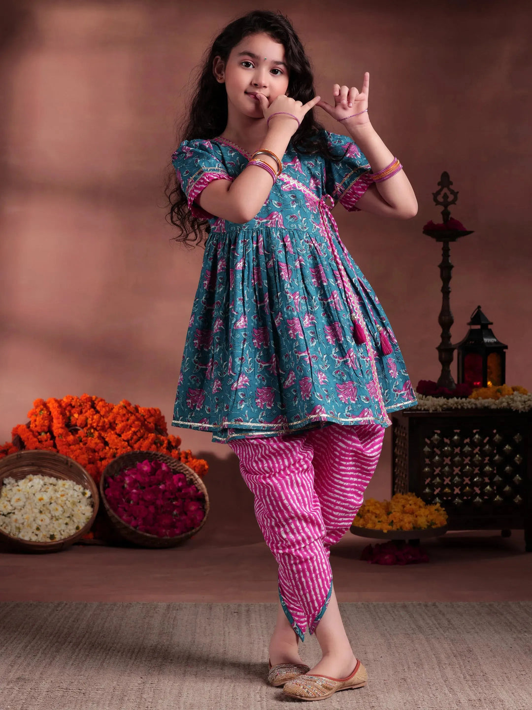  Kids Blue Printed Cotton A-Line Kurta With Dhoti Pants 