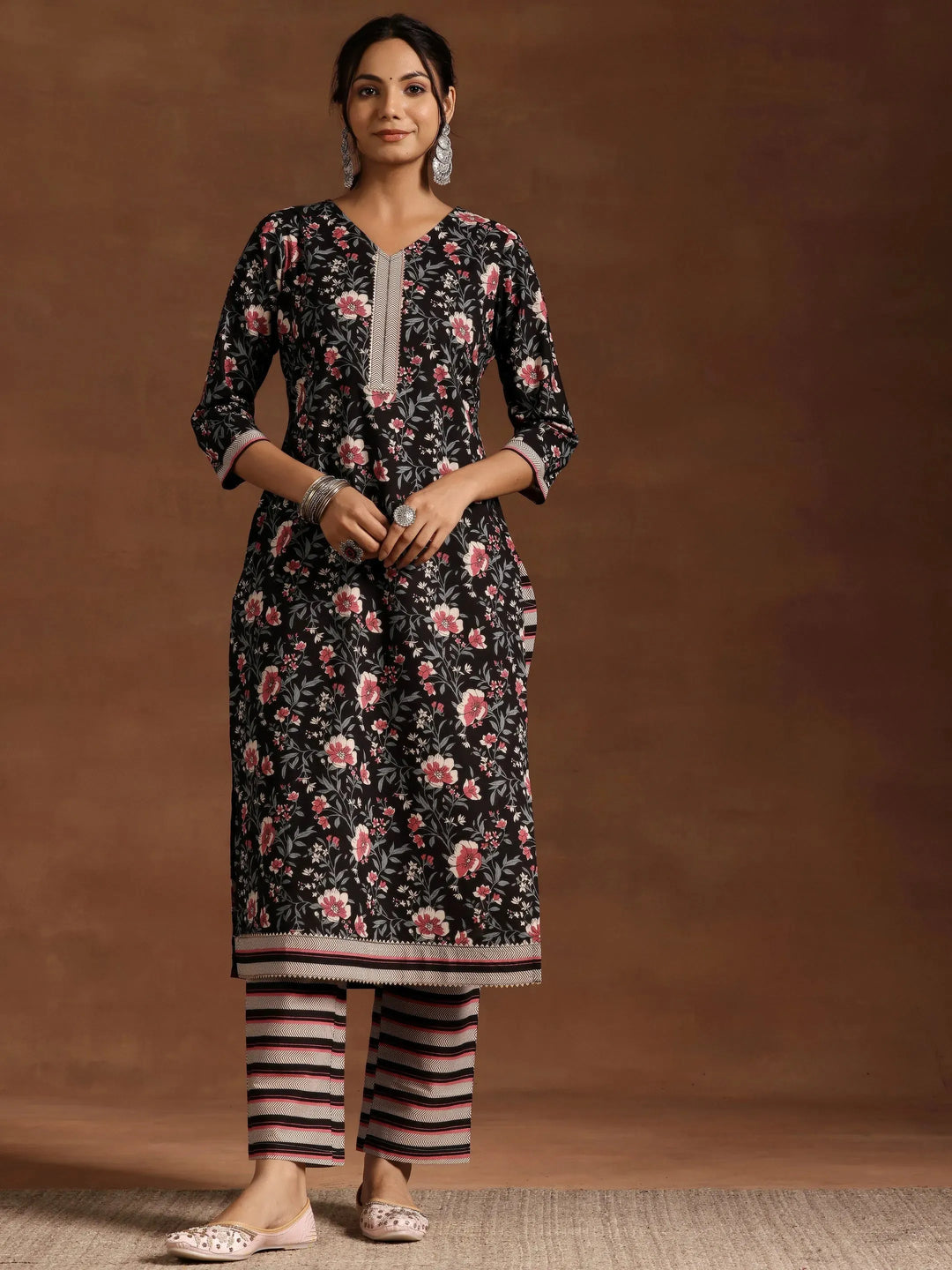  Black Printed Cotton Straight Kurta Set 