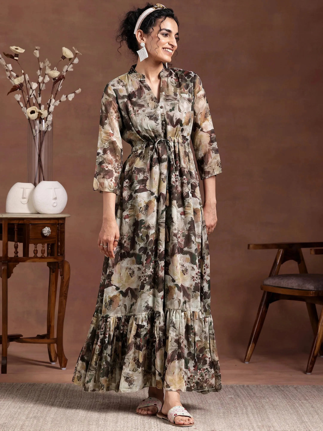  Green Printed Chiffon A-Line Dress With Belt 