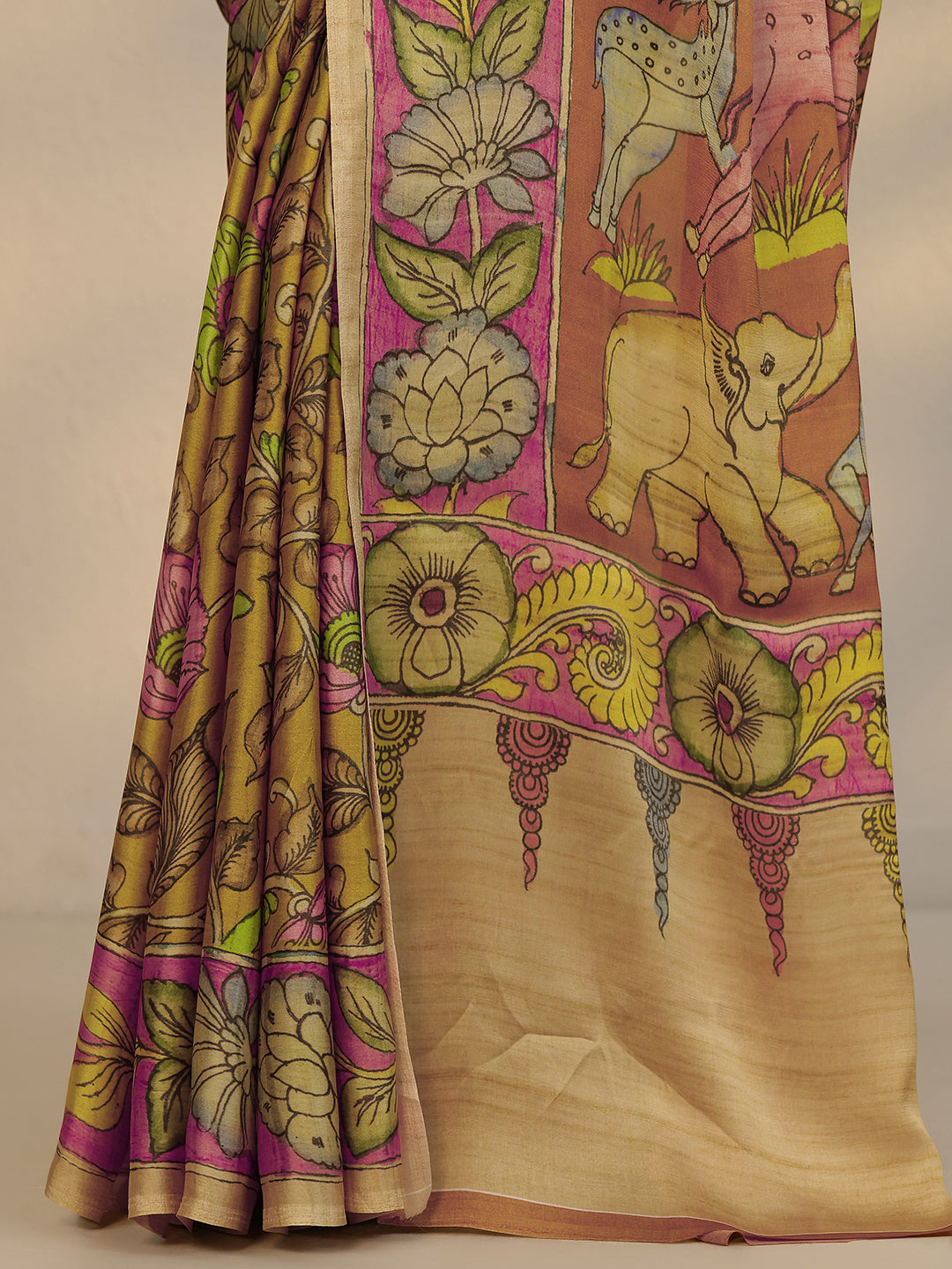  Mustard Printed Satin Saree With Unstitched Blouse Piece 