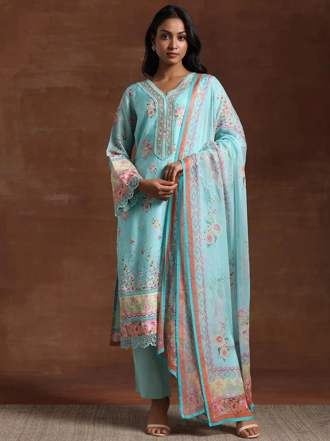 Turquoise Printed Silk Blend Straight Suit With Dupatta - Libas 