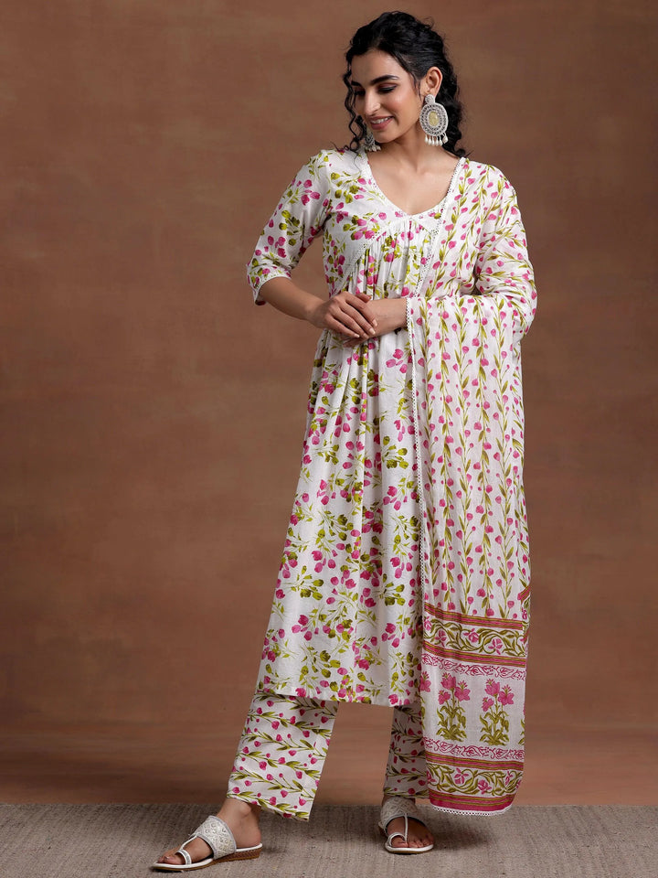Off White Printed Cotton A-Line Kurta With Palazzos & Dupatta - Libas