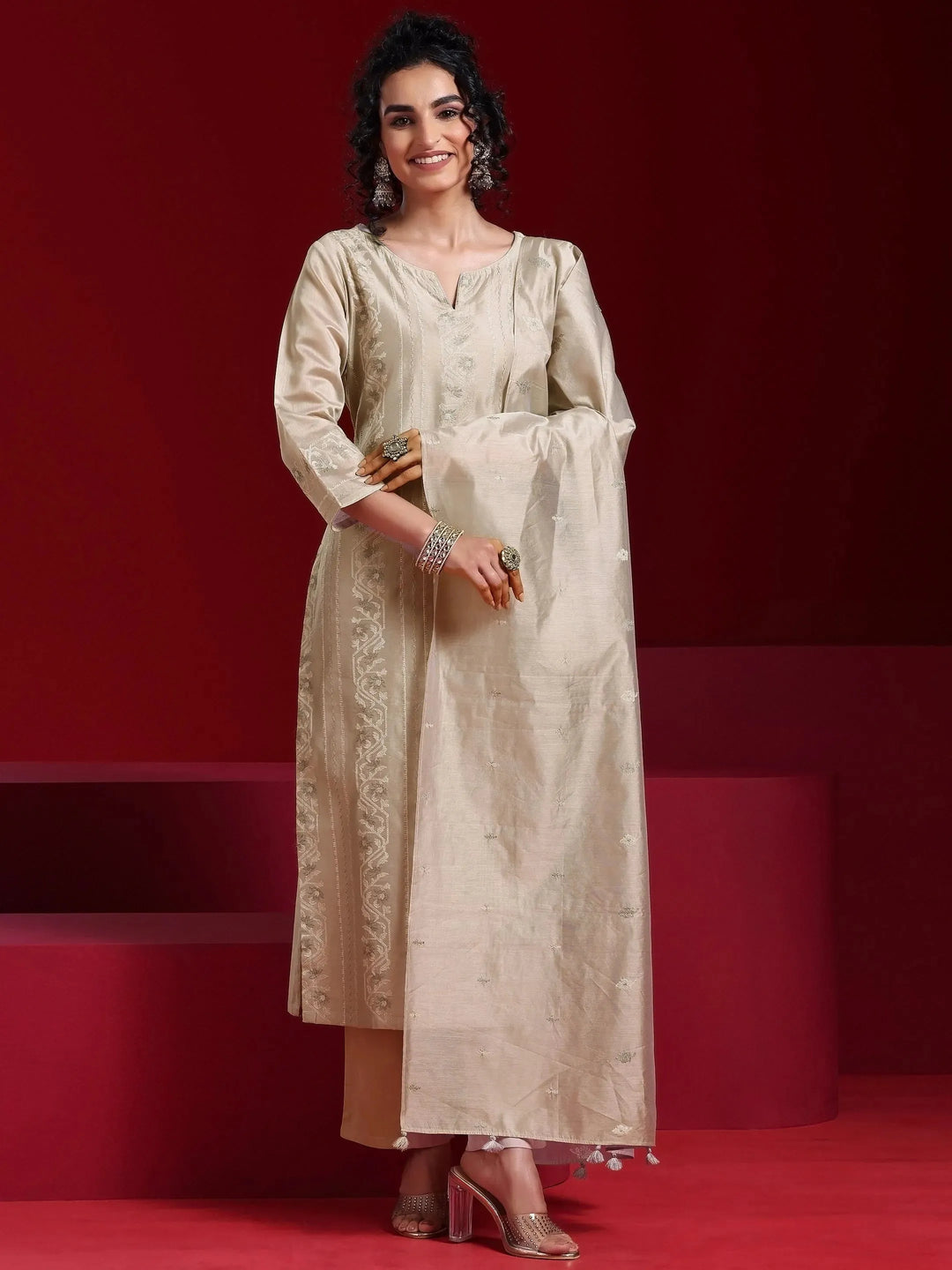  Libas Art Grey Embroidered Chanderi Silk Straight Suit With Dupatta 