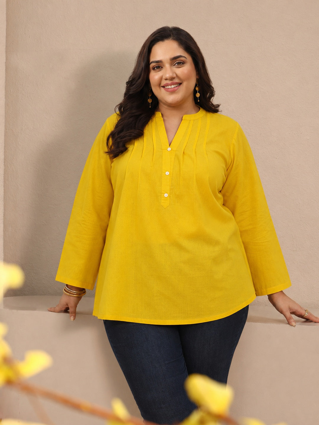 libas Plus Size Yellow Solid Cotton Blend Straight Short Kurti-picture-24