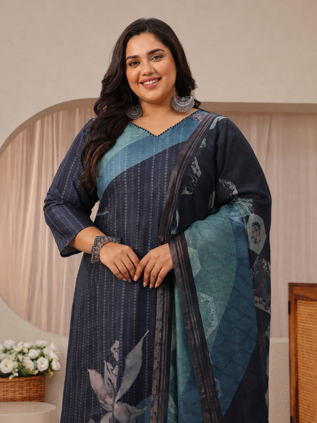  Plus Size Blue Printed Linen Straight Suit Set 