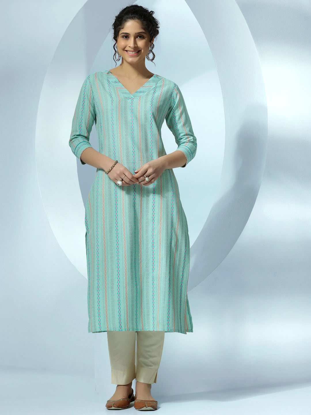  Sea Green Woven Design Cotton Straight Kurta 