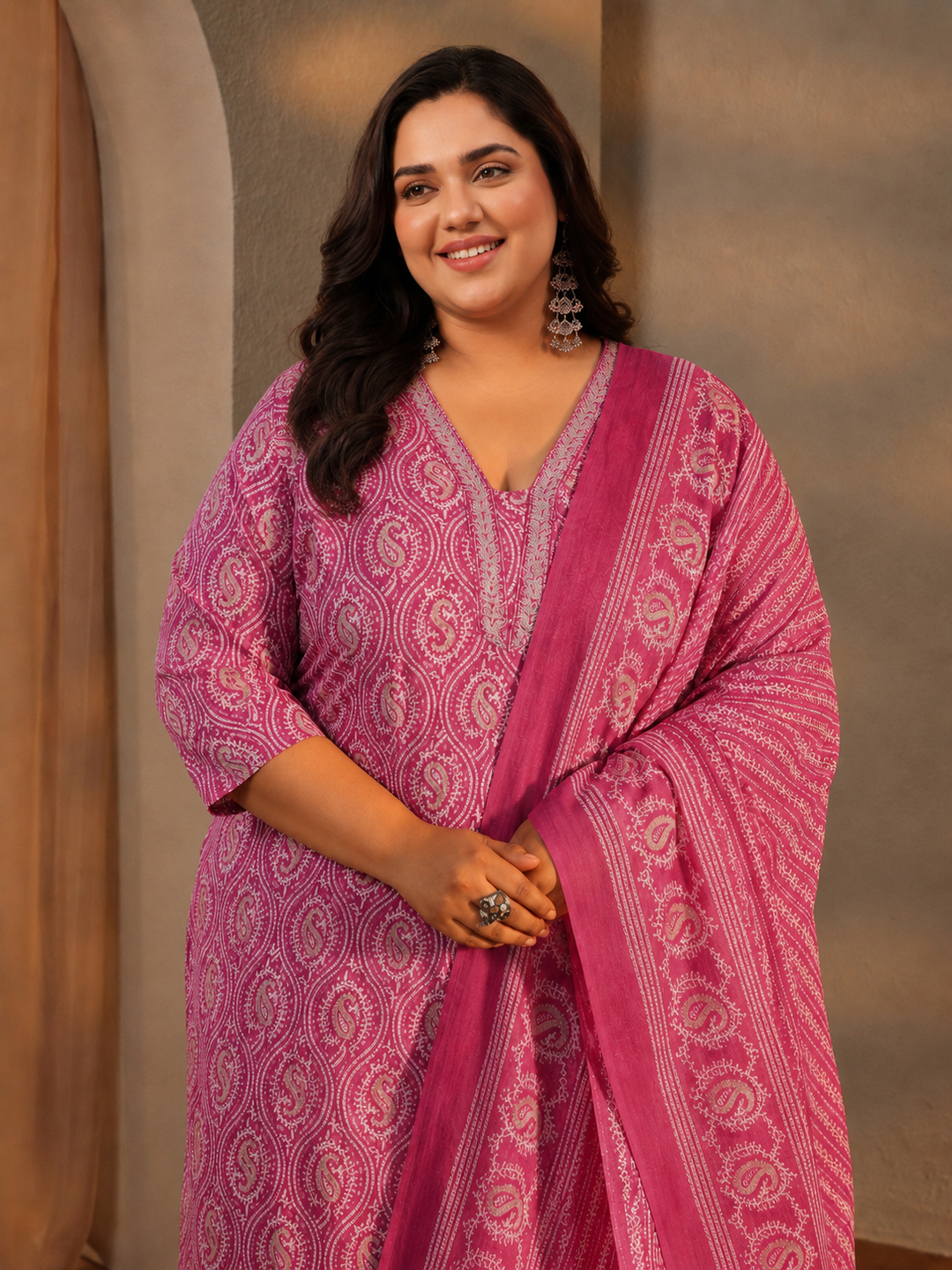  Plus Size Pink Paisley Printed Cotton Straight Suit Set 