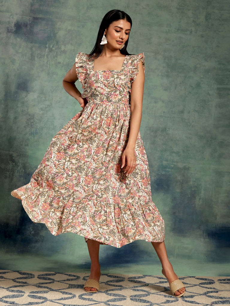 Libas Multicoloured Printed Cotton Fit and Flare Dress