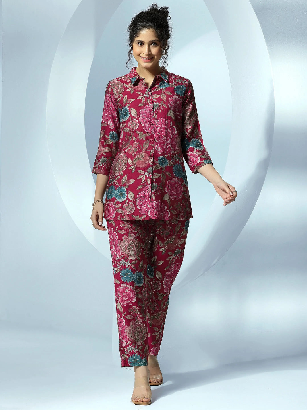  Pink Printed Silk Blend Co-Ords 