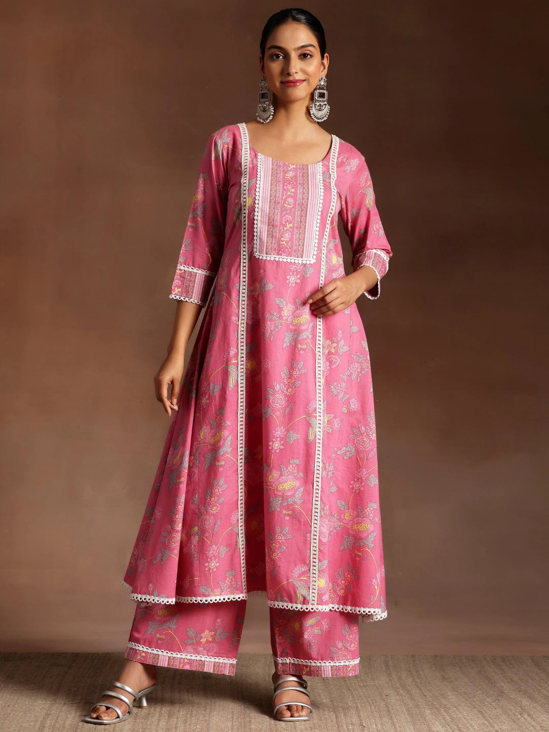 Rukhsaar Pink Printed Cotton A-Line Kurta With Palazzos