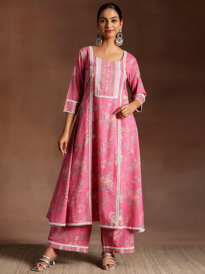 Rukhsaar Pink Printed Cotton A-Line Kurta With Palazzos - Libas