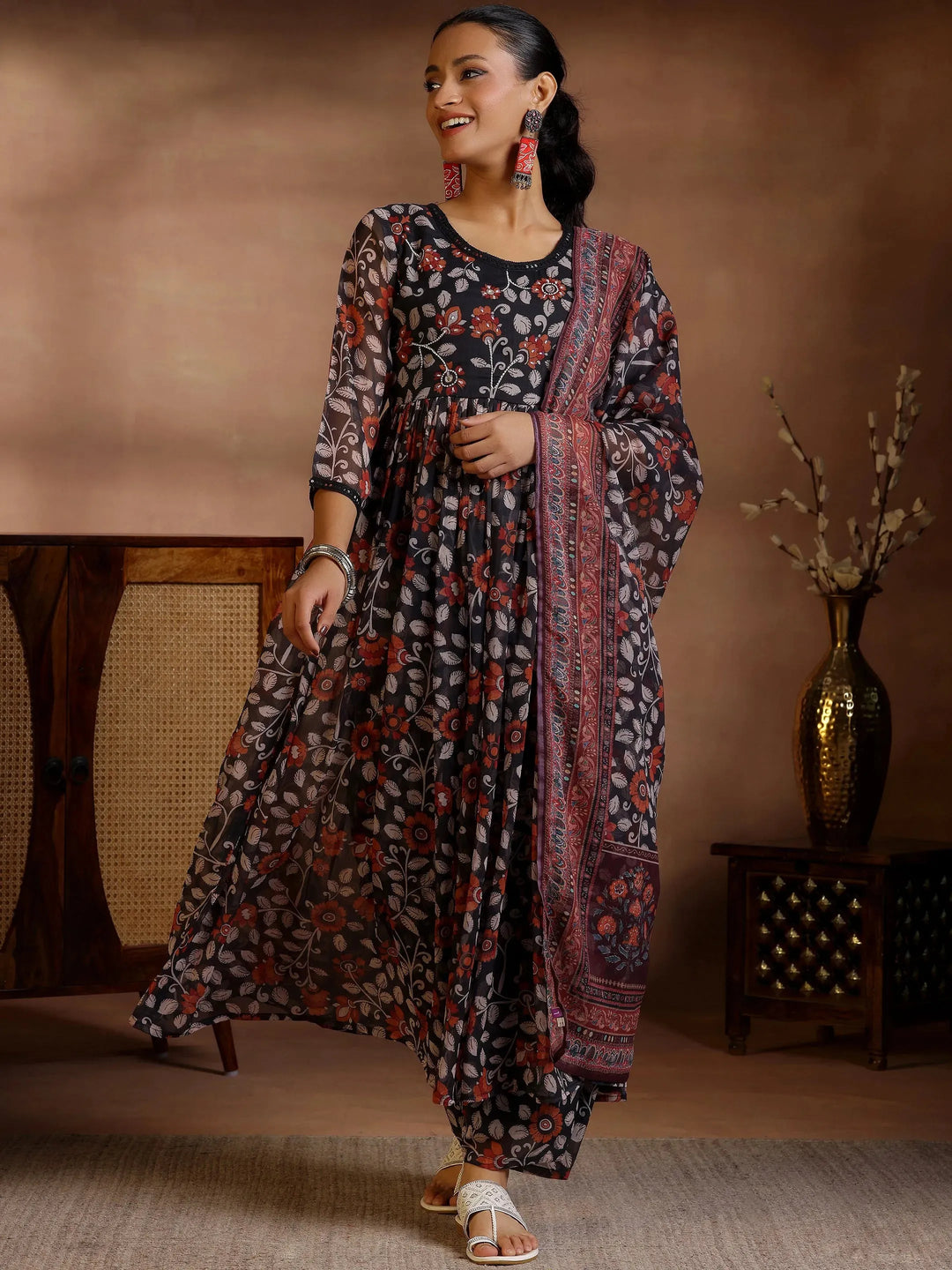 Black Printed Poly Chiffon A-Line Kurta With Palazzos & Dupatta 