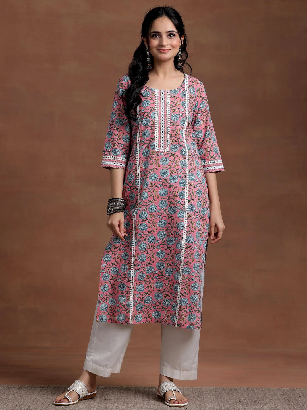 Pink Printed Cotton Straight Kurta - Libas