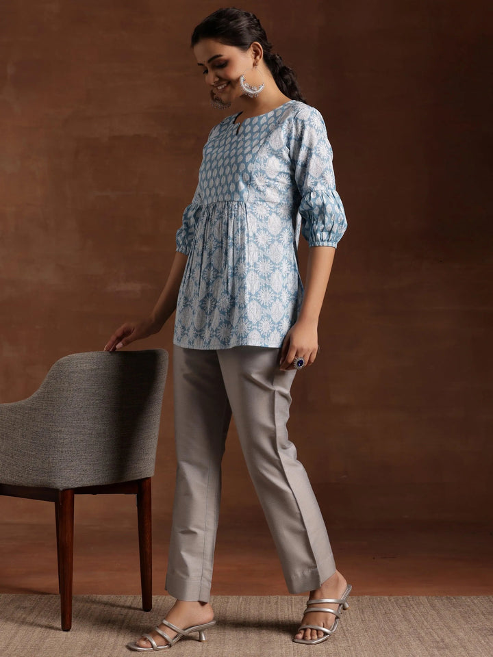Blue Printed Cotton Straight Kurti - Libas