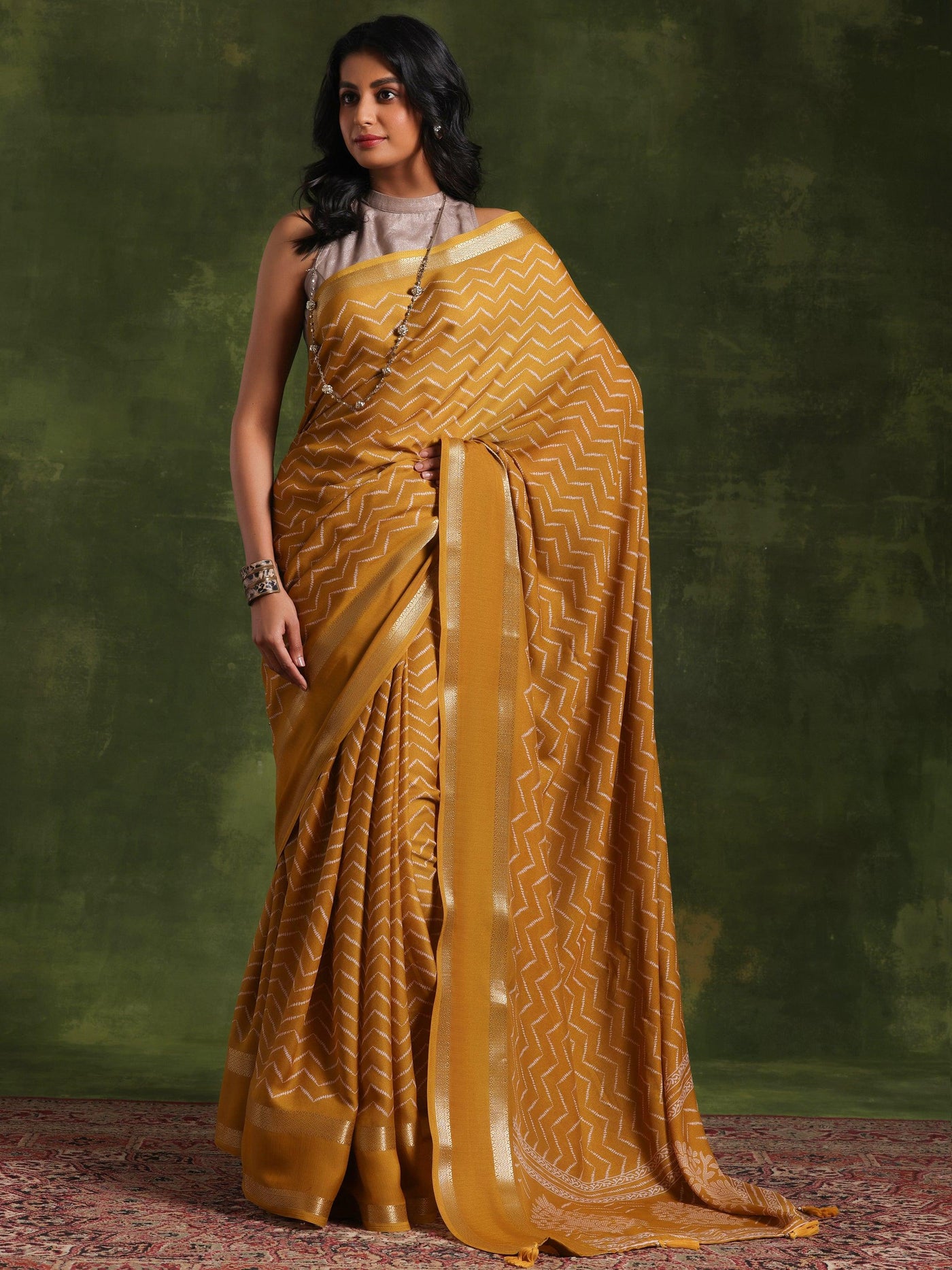 Mustard Printed Silk Blend Saree With Unstitched Blouse Piece - Libas