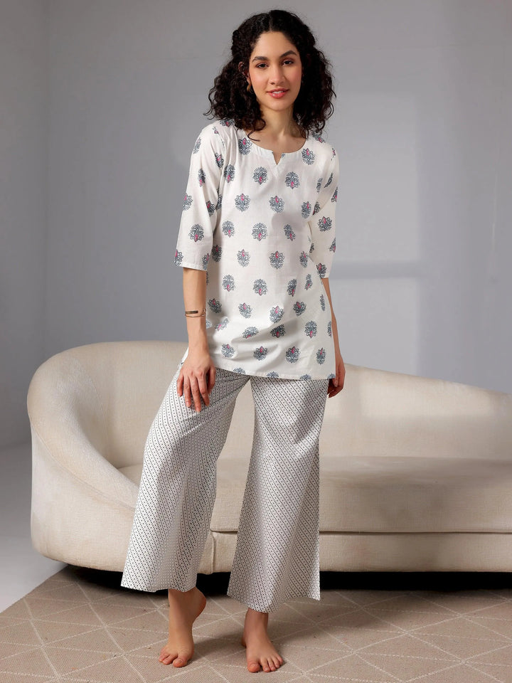 Cream Printed Cotton Night Suits - Libas