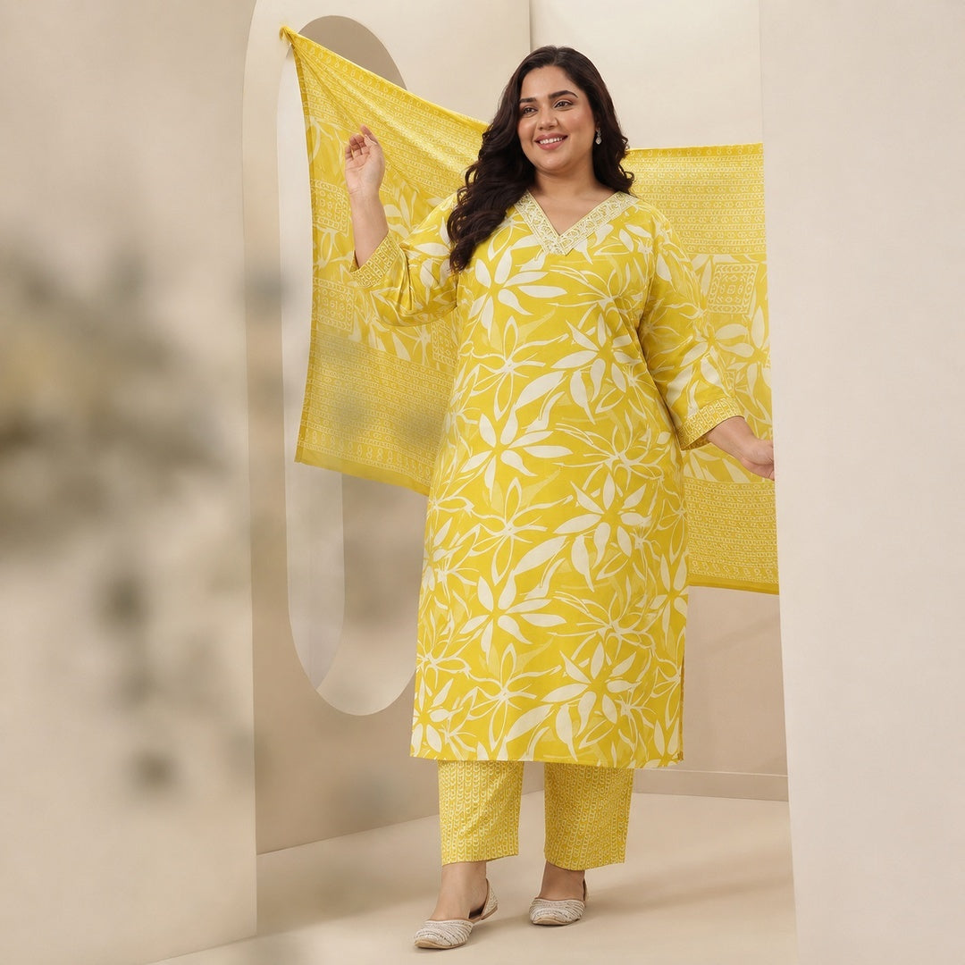  Plus Size Yellow Floral Printed Cotton Blend Straight Suit Set 