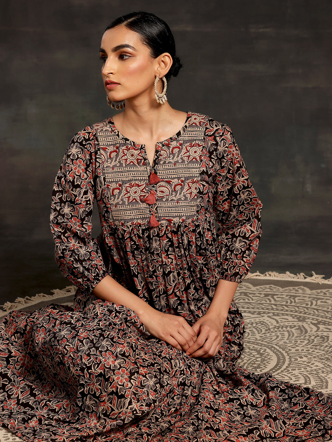  Black Printed Cotton A-Line Dress 