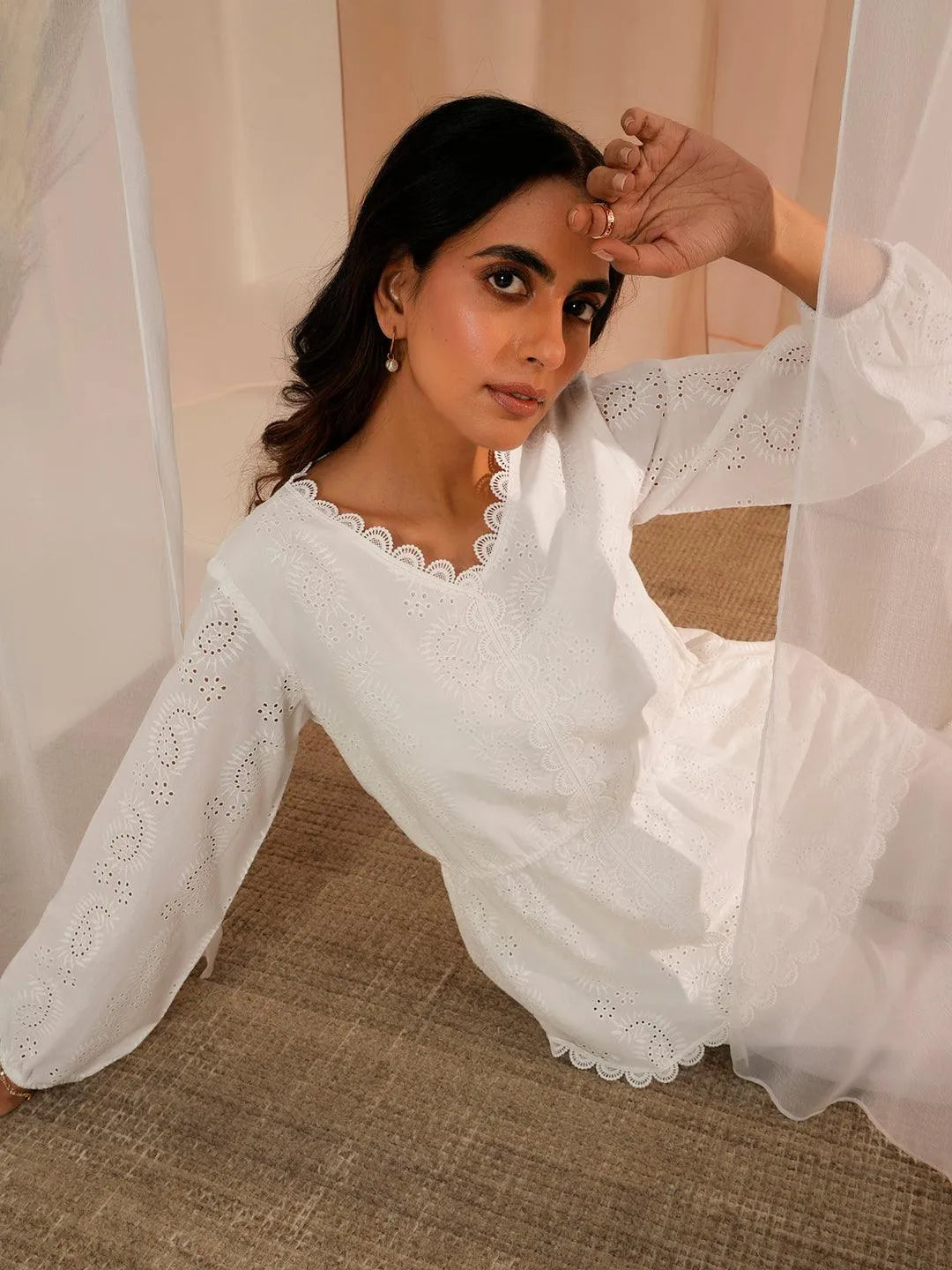 White Cotton A-Line Kurti - Libas