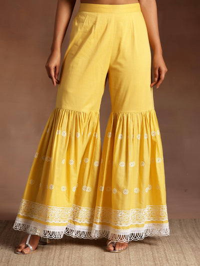Mustard Embroidered Cotton Straight Suit With Dupatta - Libas