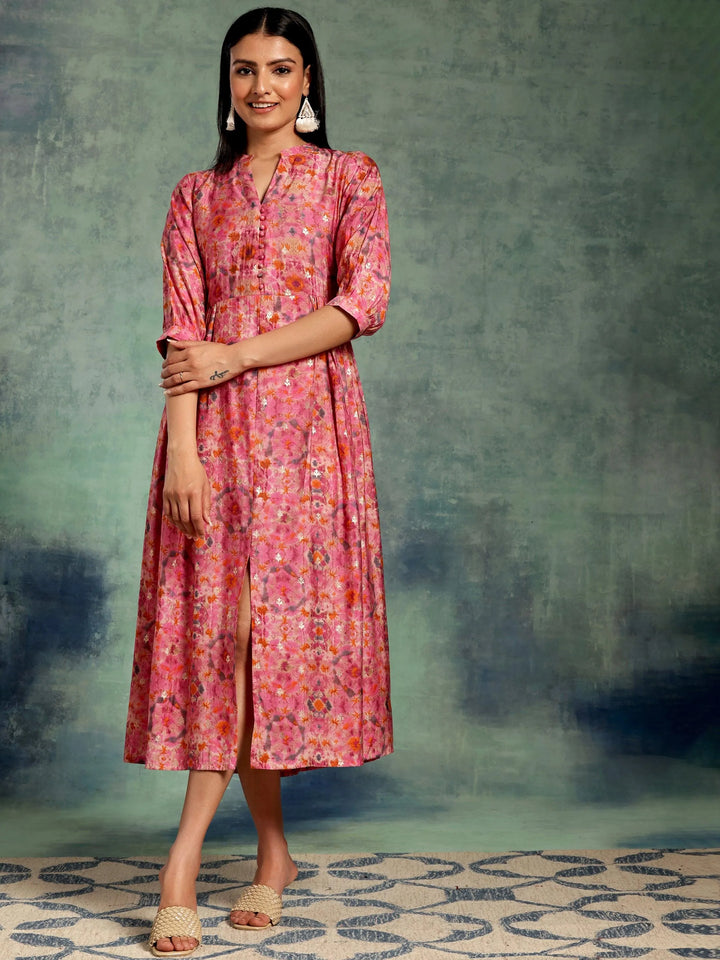 Pink Printed Silk Fit and Flare Dress - Libas