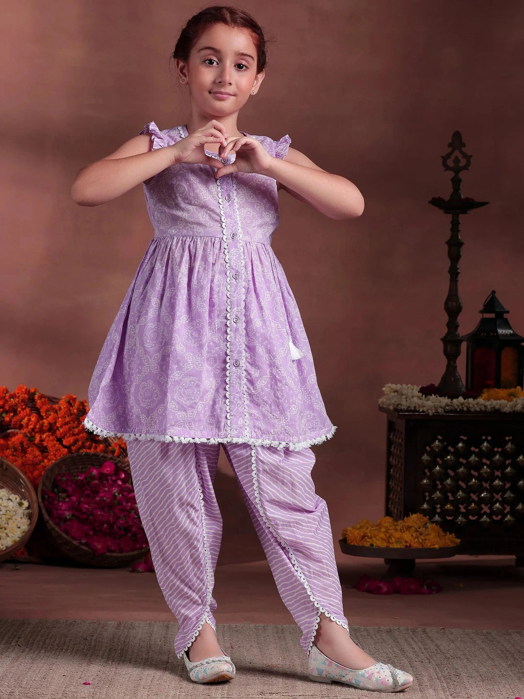  Kids Purple Printed Cotton Straight Suit With Dupatta 