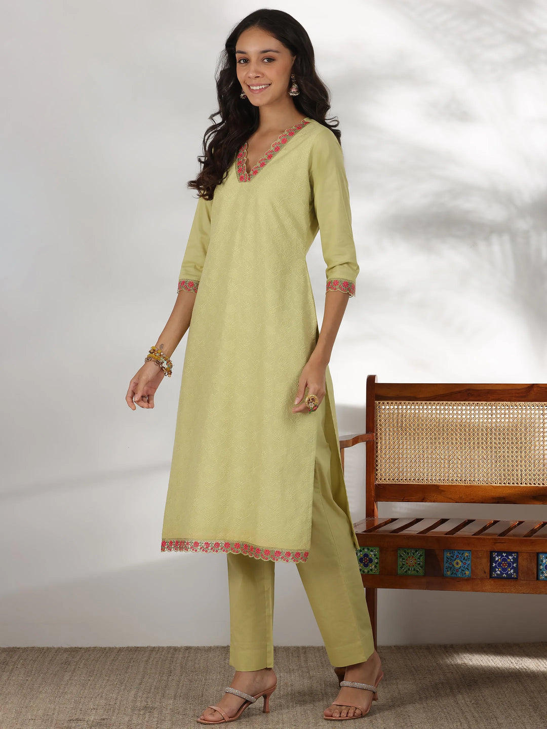  Green Embroidered Cotton Straight Suit With Dupatta 