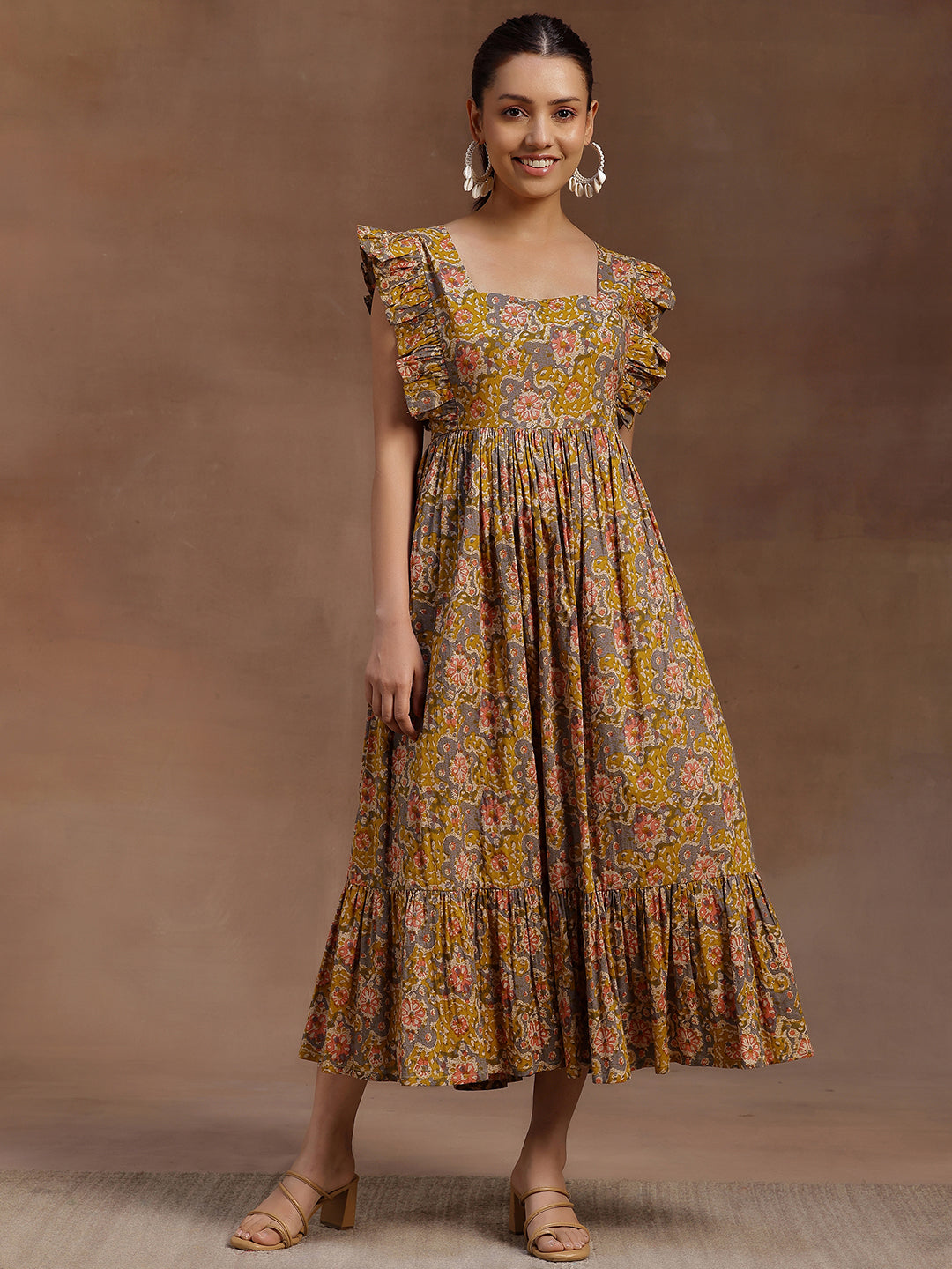  Mustard Printed Cotton Fit and Flare Dress 