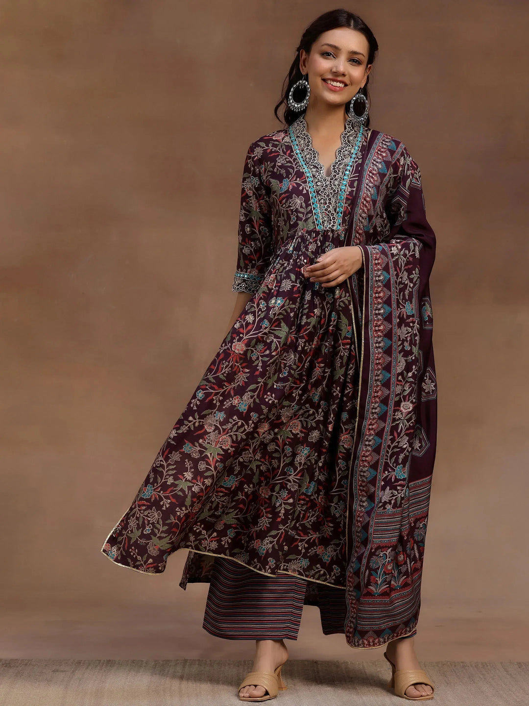  Burgundy Printed Silk Blend A-Line Kurta With Palazzos & Dupatta 