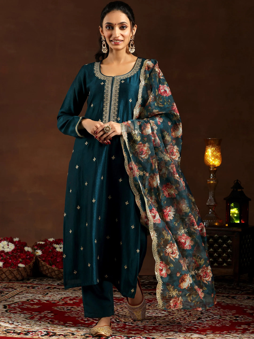  Teal Embroidered Silk Blend Straight Suit With Dupatta 
