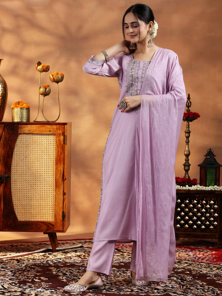Libas Lavender Embroidered Silk Blend Straight Suit With Dupatta