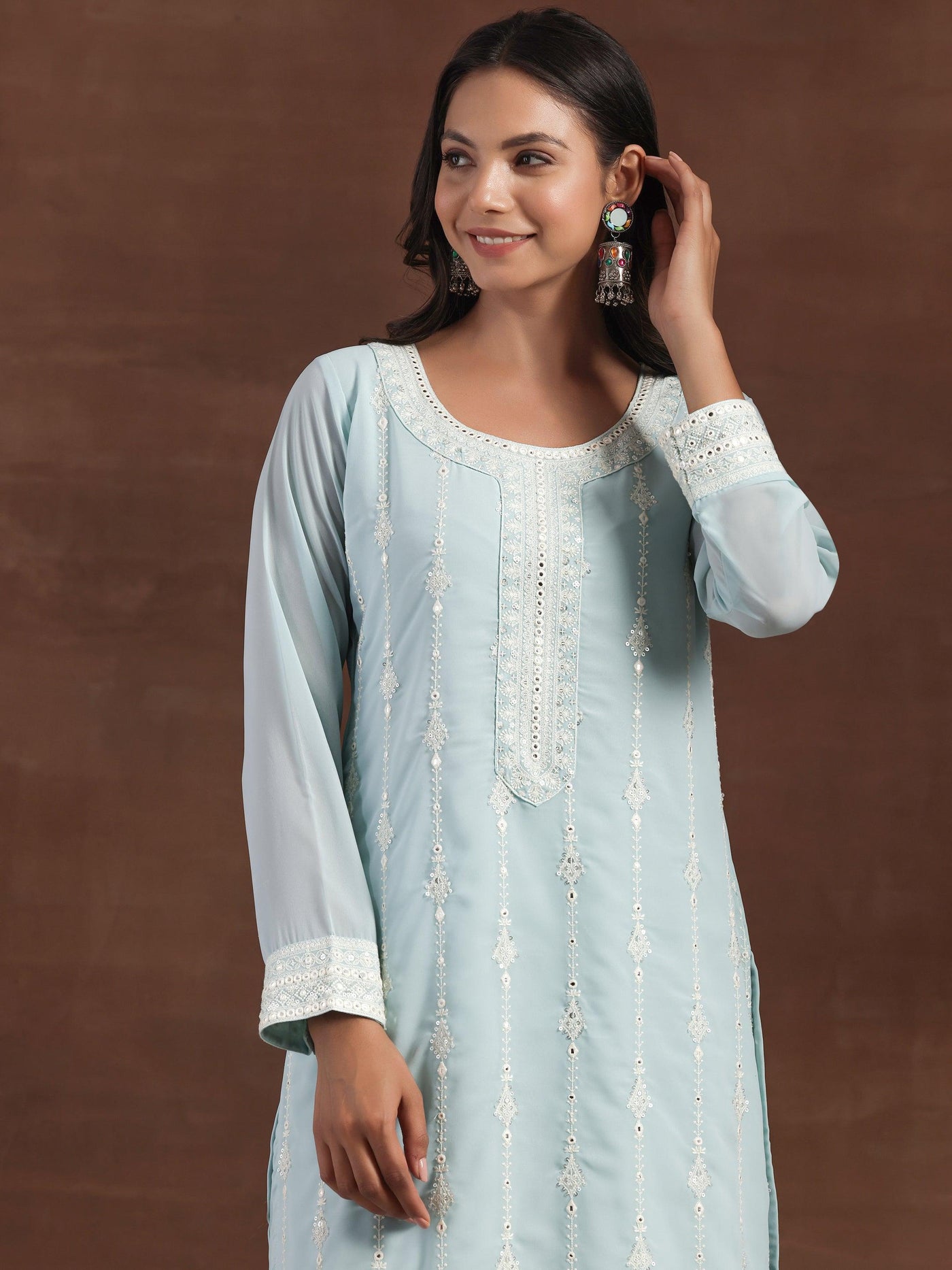 Blue Embroidered Georgette Straight Suit With Dupatta - Libas