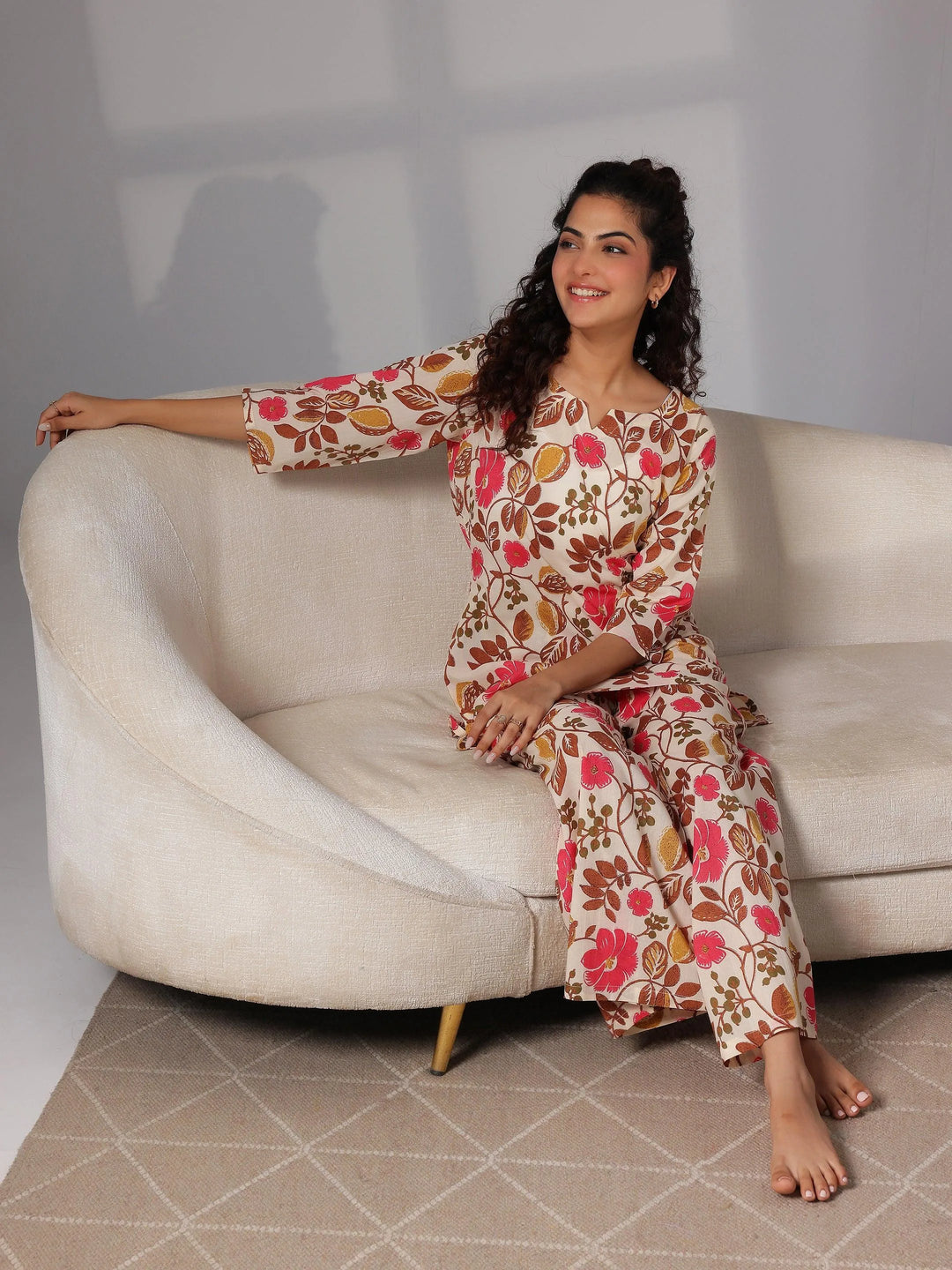 Cream Printed Cotton Night Suits - Libas 