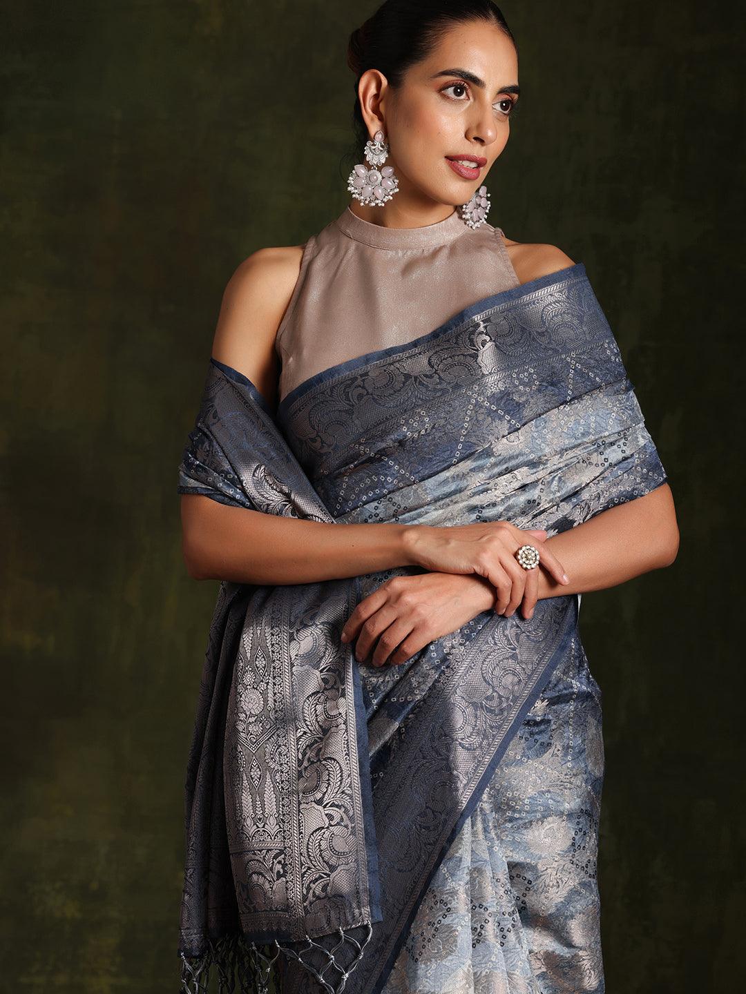 Blue Woven Design Brocade Saree With Unstitched Blouse Piece - Libas