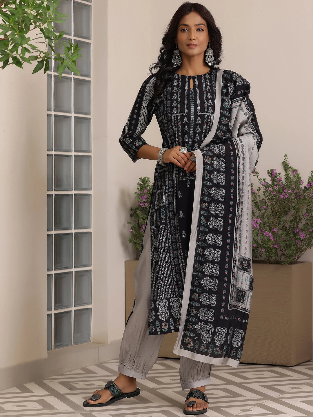  Black Printed Cotton Straight Suit With Dupatta 