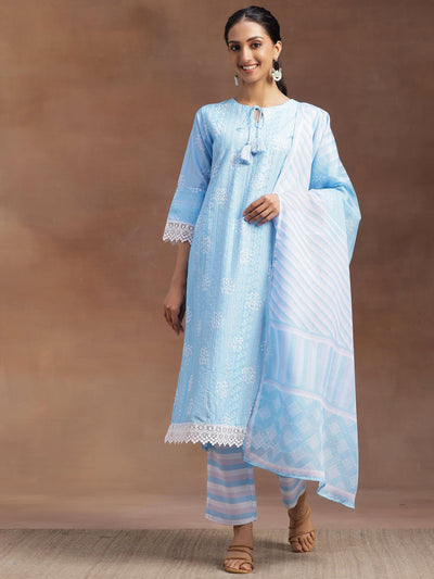 Blue Embroidered Cotton Blend Straight Suit With Dupatta - Libas
