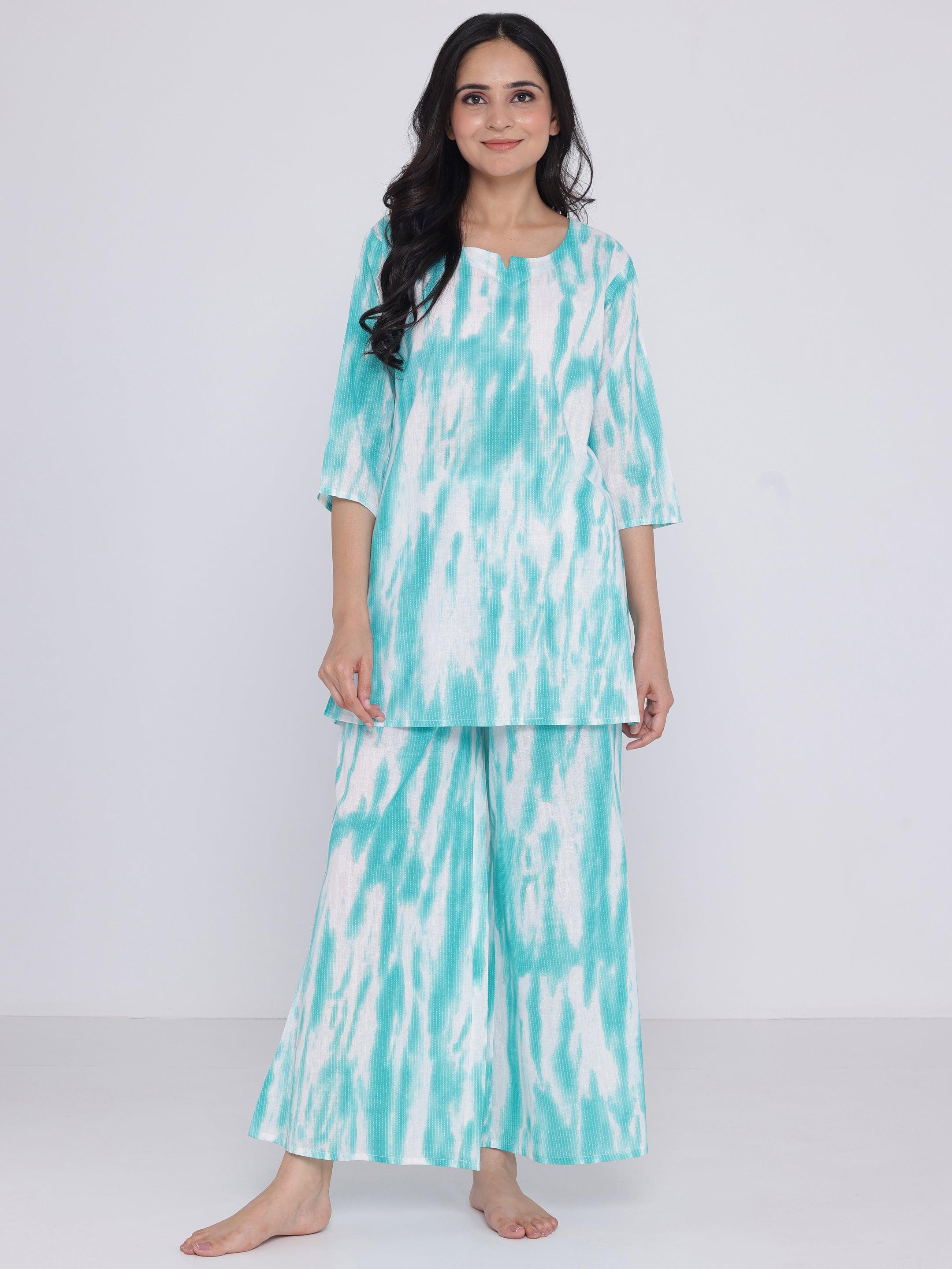 Blue Printed Cotton Night Suits