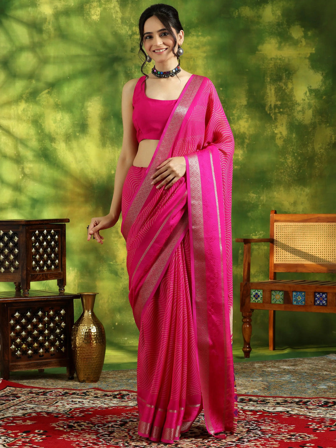 Pink Printed Silk Blend Saree With Unstitched Blouse Piece - Libas 